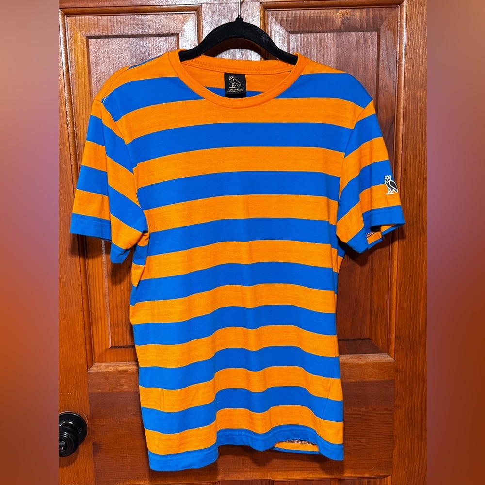 October’s Very own T Shirt Drake Size X-Small Orange/Navy Strip Owl Logo